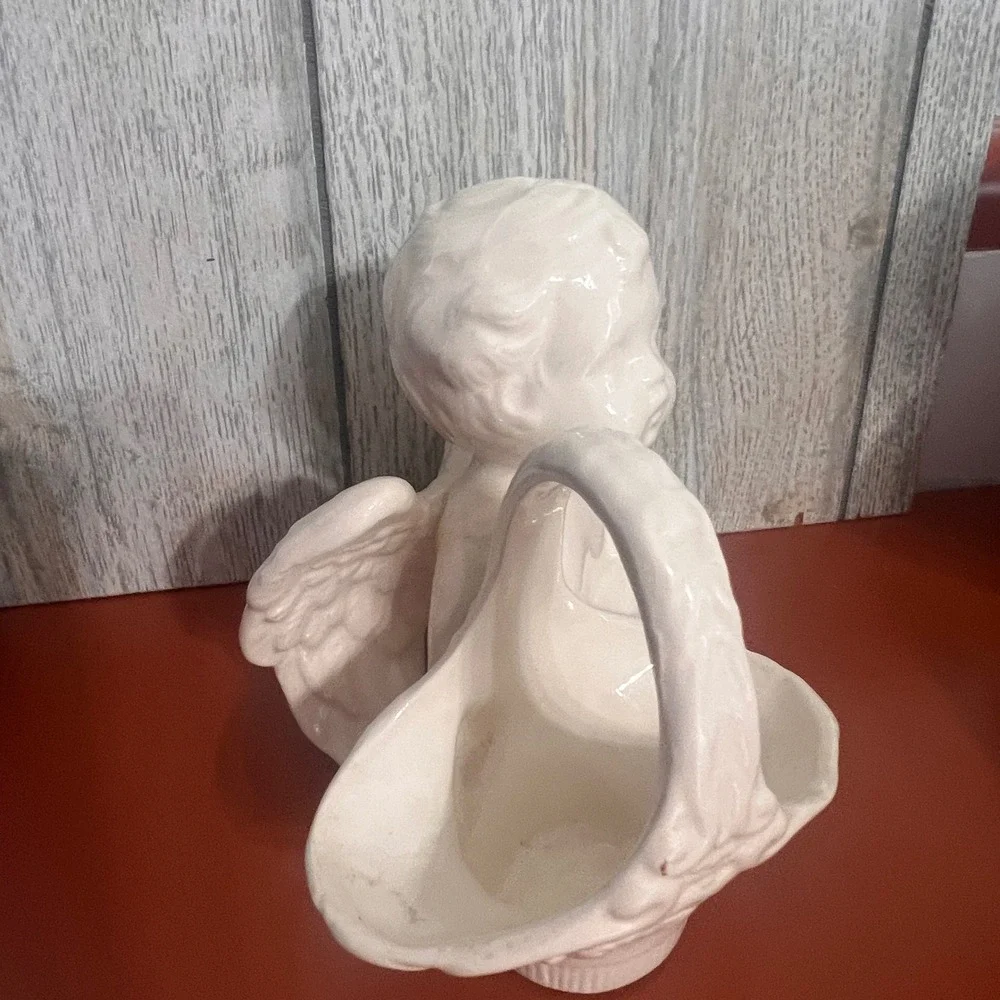 Vintage Ceramic Cherub Angel Figurine Planter Basket Trinket Dish Cream White